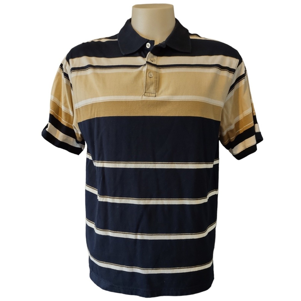 Bugle Boy Polo Shirt Men's Large Y2K Retro Streetwear Navy Tan Striped Norm Core